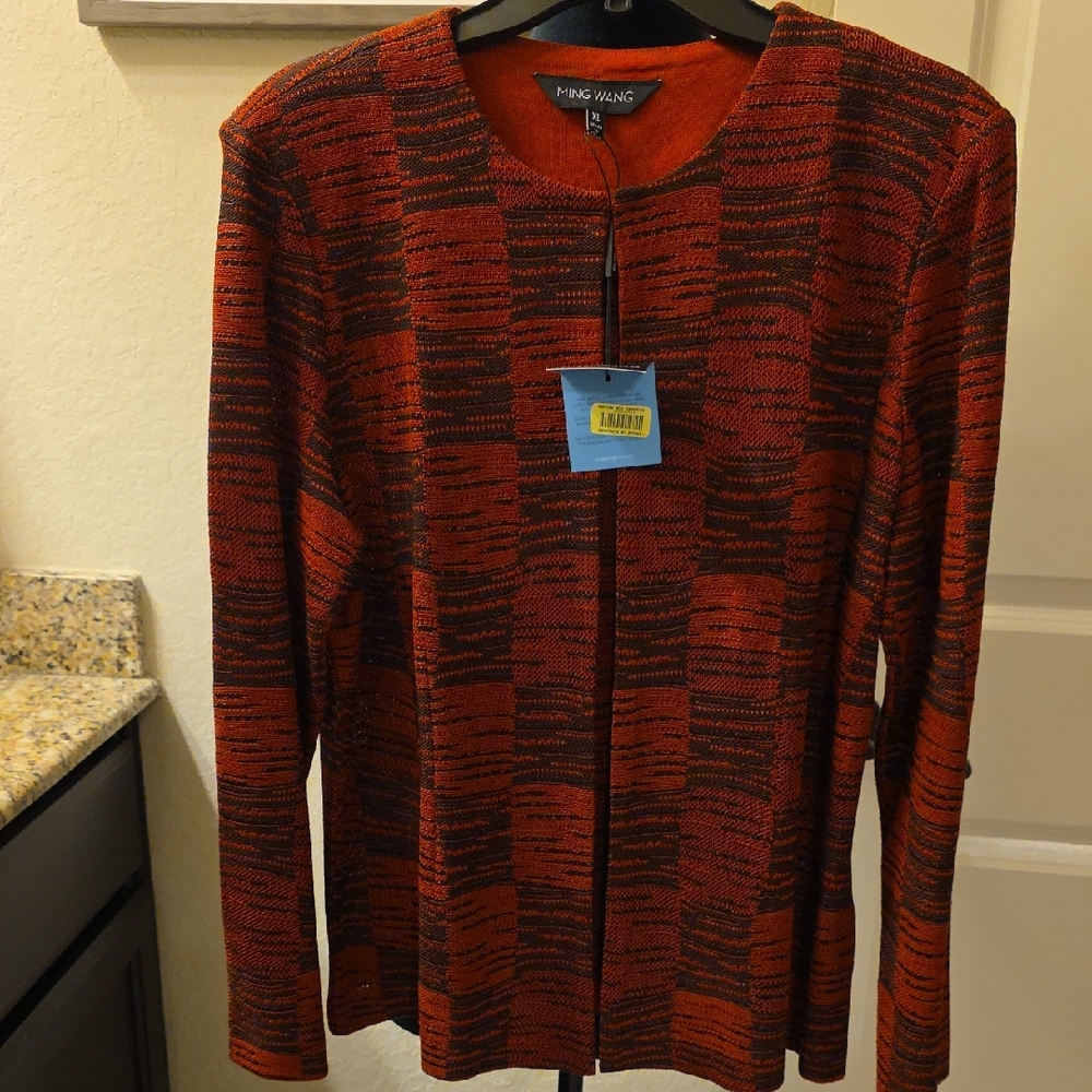 Ming Wang Brick Red and Black Knit Cardigan